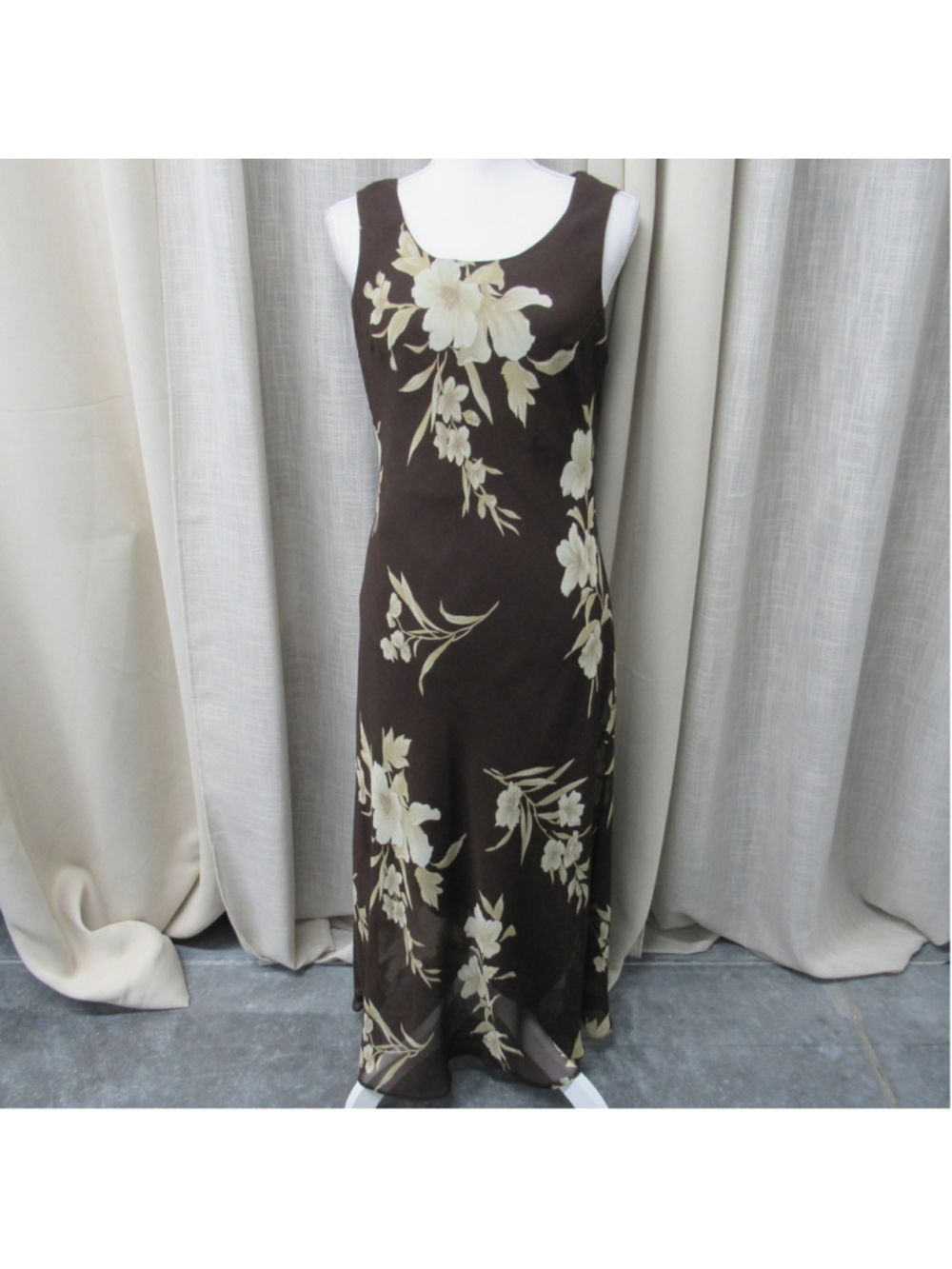 Studio I Brown Floral Maxi Dress Size 12 Sleeveless Chiffon Sheath 90s Vintage